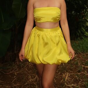 Yellow Satin Strapless Crop Top & Skirt Set